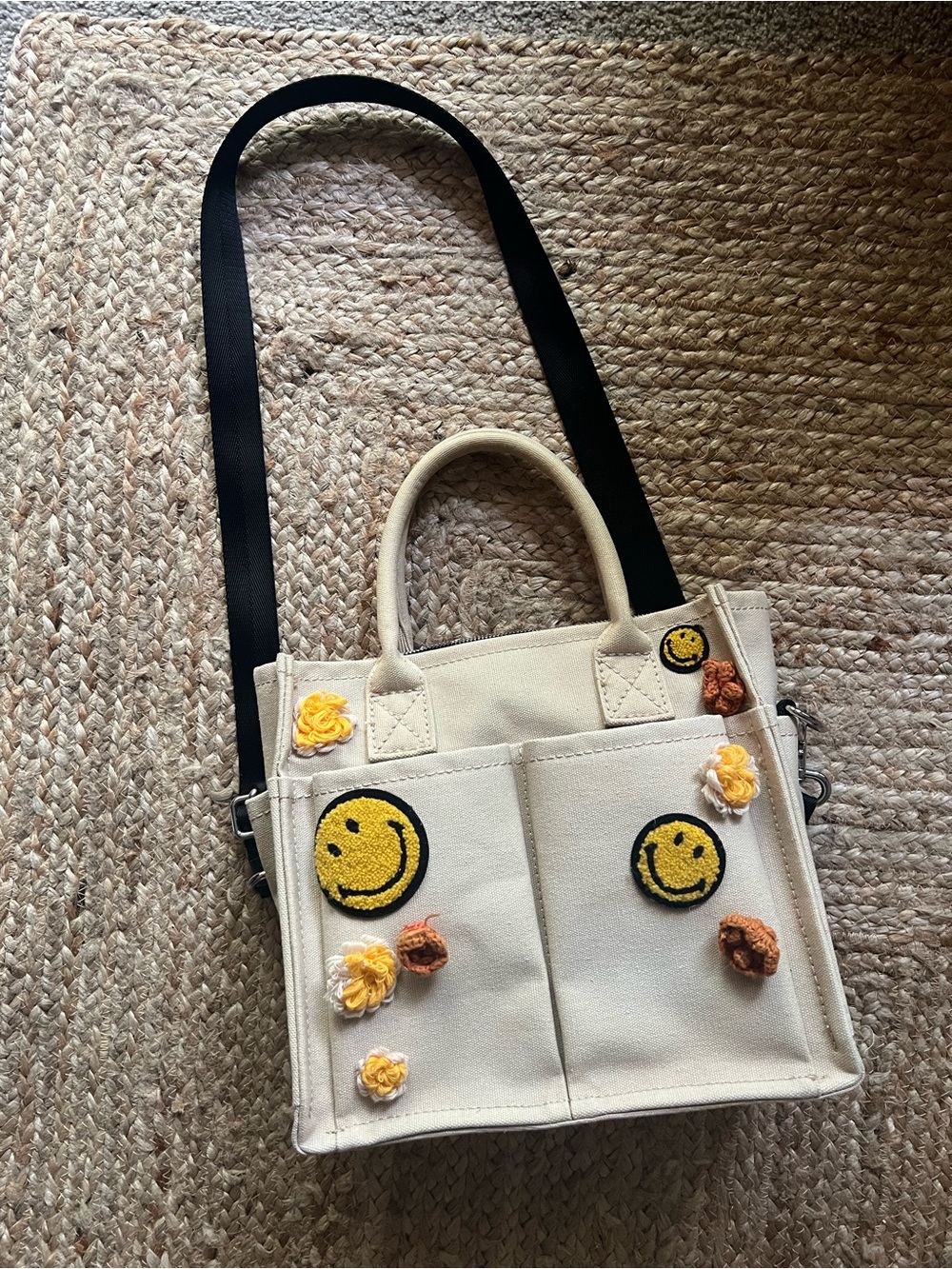 Zara Canvas Smile Patch Tote Bag in Cream - Designer-Inspired